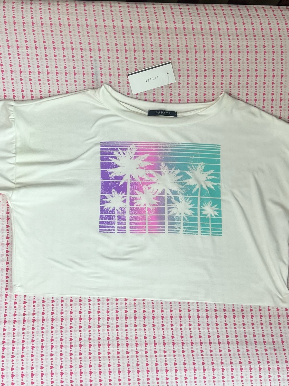 Papaya White Crop Tee with Pink, Purple & Teal Palm Graphic